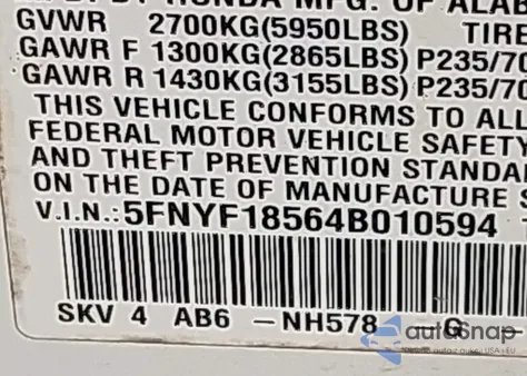 2004 Honda Pilot Ex-L из США, поврежденный, VIN 5FNYF18564B010594